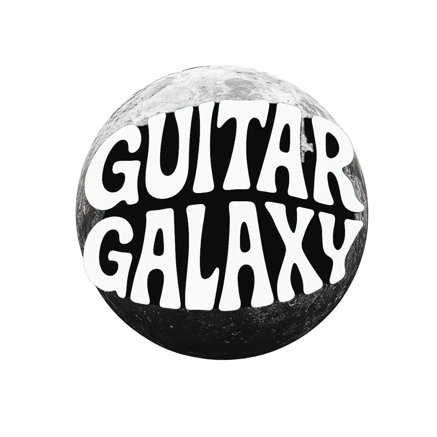 Guitar Galaxy Logo: A Moon with Guitar Galaxy Text Overlay